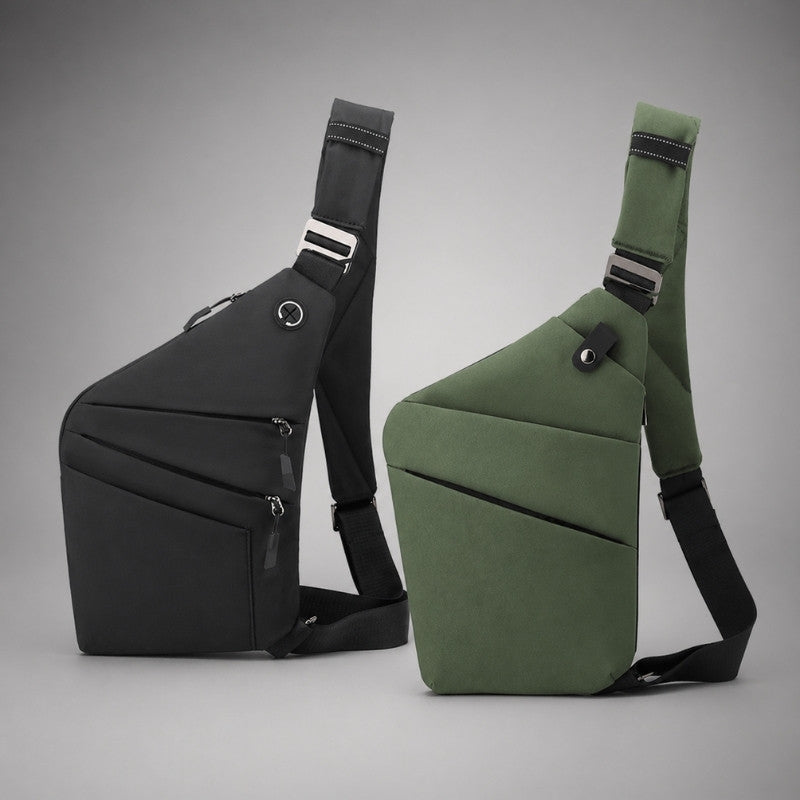 Colección de mochilas cruzadas antirrobo KÄRN en negro y verde, bolsos compactos repelentes al agua para ciudad y viajes.
