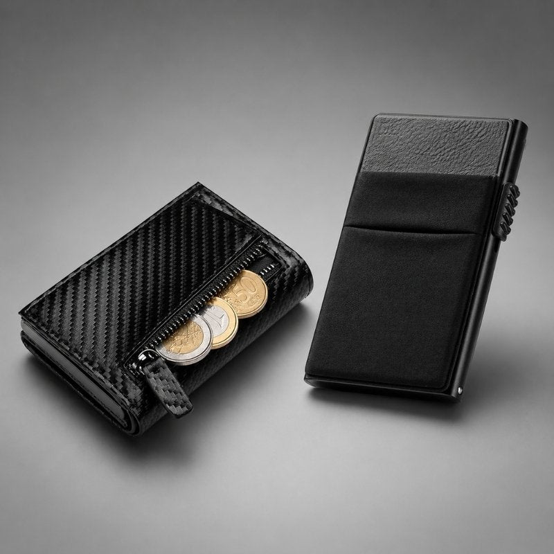 Tarjeteros RFID KÄRN negros sobre fondo gris degradado, con compartimento para monedas y diseño compacto.