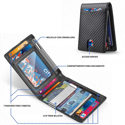 Billetera Kärn de fibra de carbono negra con clip para billetes, ranuras para tarjetas, bolsillo con cremallera y compartimento para documento, diseño RFID antirrobo.