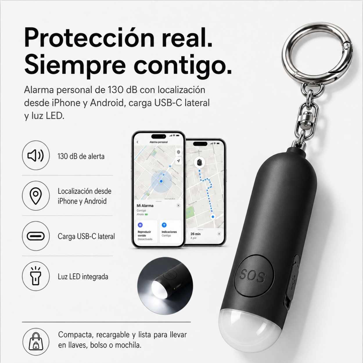 Alarma personal KÄRN negra con botón SOS, localización iPhone y Android, carga USB-C lateral y luz LED