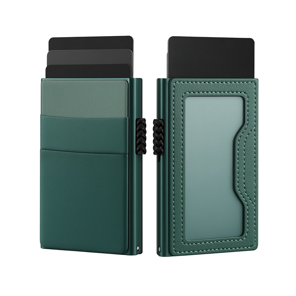 Tarjetero RFID KÄRN de piel verde con ranuras para tarjetas y ventana para identificación, diseño elegante antirrobo y minimalista.