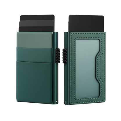 Tarjetero RFID KÄRN de piel verde con ranuras para tarjetas y ventana para identificación, diseño elegante antirrobo y minimalista.