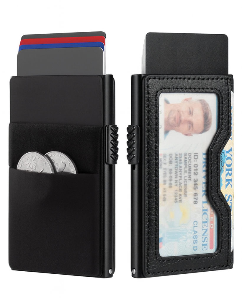 Tarjetero RFID KÄRN de piel negra con compartimento para monedas, tarjetas y documento de identidad, diseño minimalista y seguro para hombre.