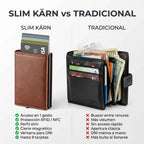 Comparativa entre tarjetero RFID Slim KÄRN y cartera tradicional mostrando menor volumen y acceso rápido