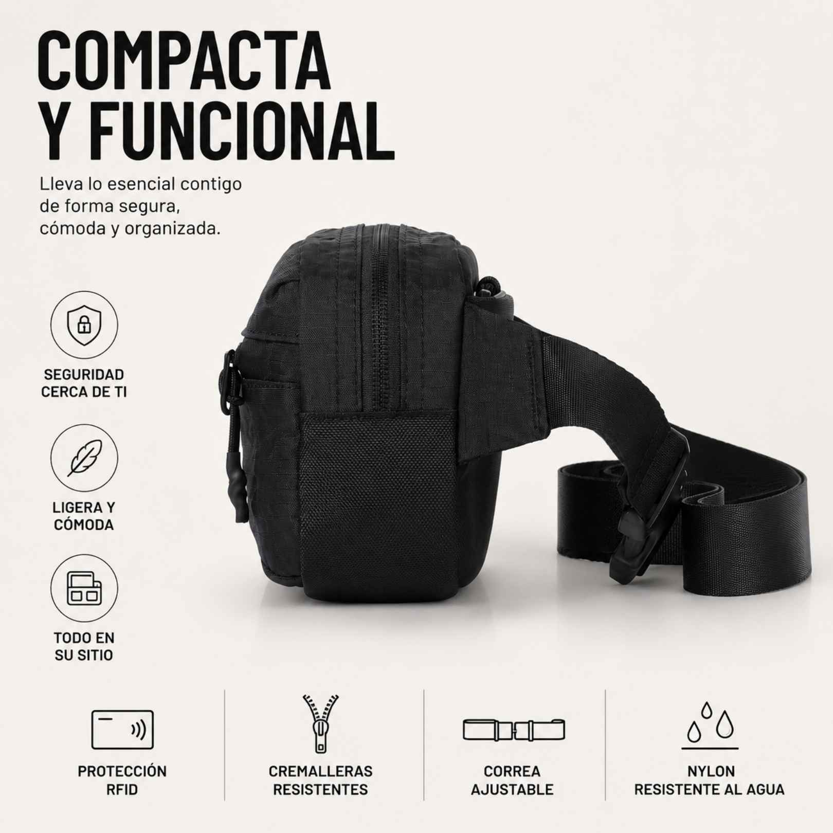 Bandolera RFID Compact KÄRN negra con correa ajustable, cremalleras resistentes y nylon resistente al agua