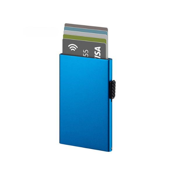 Tarjetero RFID Esencial KÄRN vista frontal aluminio azul