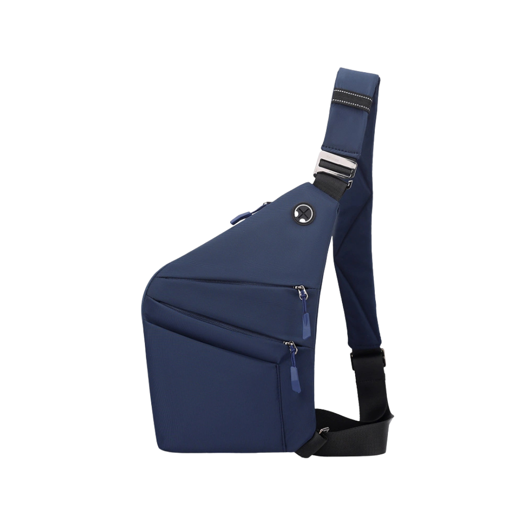 Mochila antirrobo Smart KÄRN cruzada color azul, perfecta para seguridad urbana y viajes.