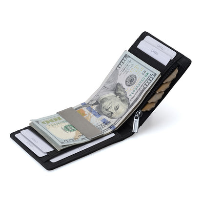 Billetera KÄRN de piel negra abierta con clip metálico para billetes, compartimento con cremallera y ranuras para tarjetas, diseño RFID antirrobo para hombre.