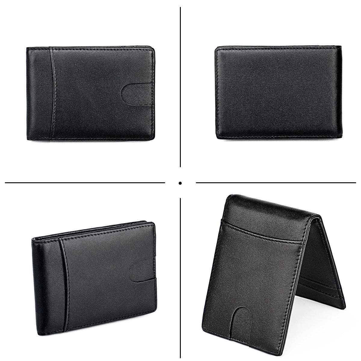 Billetera KÄRN de piel negra vista desde varios ángulos, diseño minimalista con clip para billetes y protección RFID para hombre.