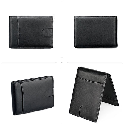 Billetera KÄRN de piel negra vista desde varios ángulos, diseño minimalista con clip para billetes y protección RFID para hombre.