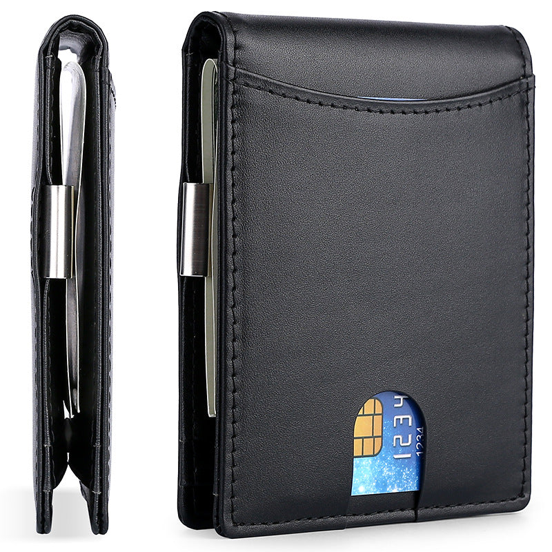 Billetera KÄRN de piel negra con clip metálico lateral para billetes y ranuras para tarjetas, diseño minimalista RFID antirrobo para hombre.