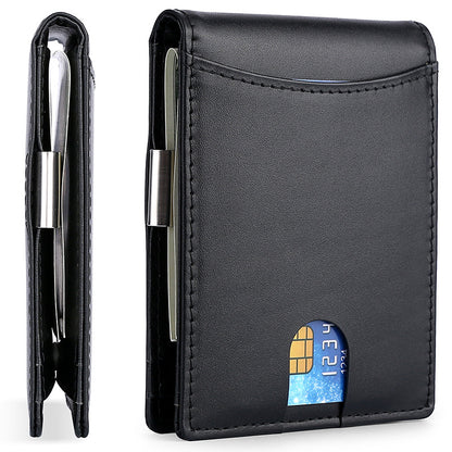 Billetera KÄRN de piel negra con clip metálico lateral para billetes y ranuras para tarjetas, diseño minimalista RFID antirrobo para hombre.