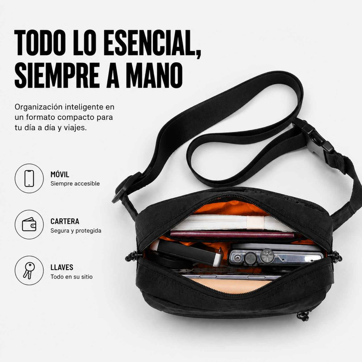 Interior de bandolera compacta RFID KÄRN negra con espacio para móvil, cartera, llaves y objetos esenciales
