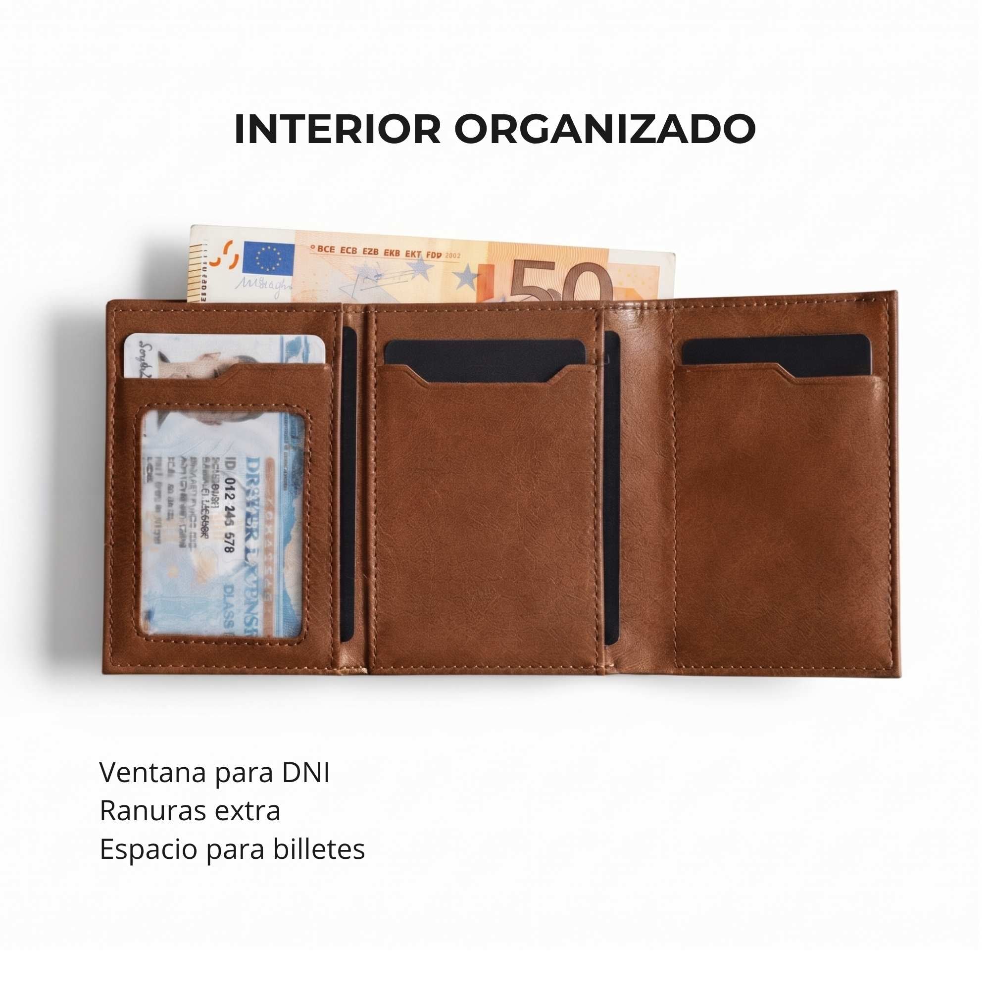 Interior del tarjetero RFID Slim Pro KÄRN marrón con ventana para DNI, ranuras extra y espacio para billetes