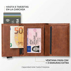 Interior del tarjetero RFID Slim KÄRN marrón con ventana para DNI, ranuras y capacidad para tarjetas y billetes