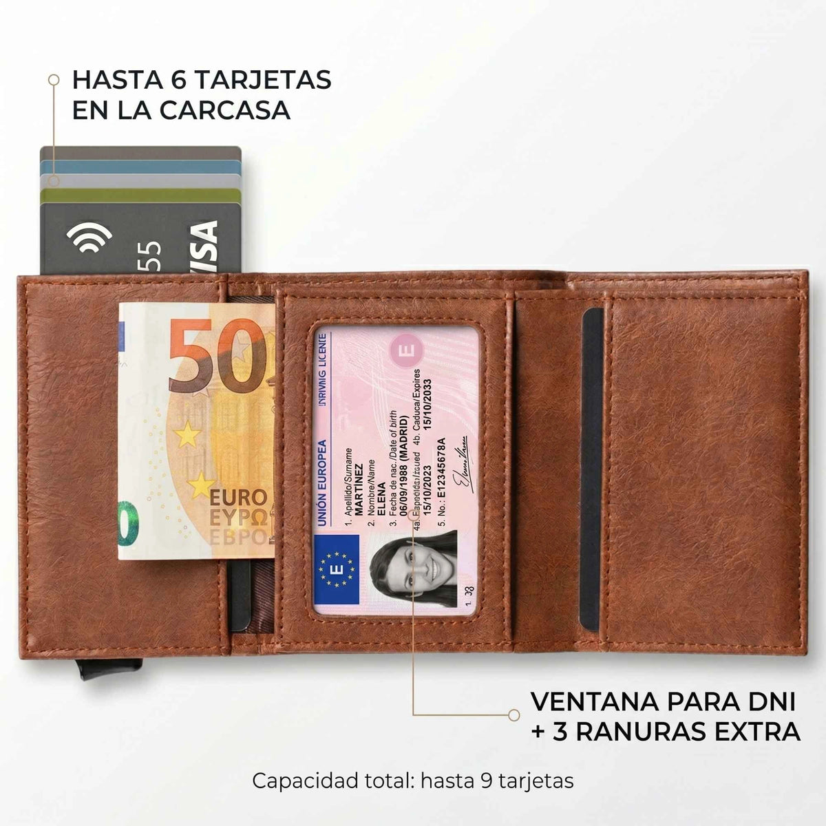 Interior del tarjetero RFID Slim KARN marron con DNI ranuras y capacidad extra