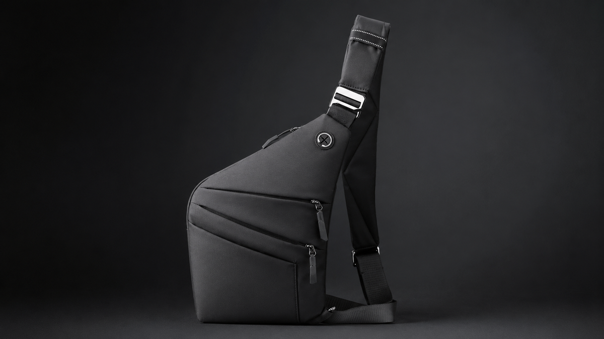 Mochila bandolera antirrobo negra KÄRN sobre fondo gris oscuro, con diseño cruzado, cremalleras ocultas y estilo urbano minimalista.