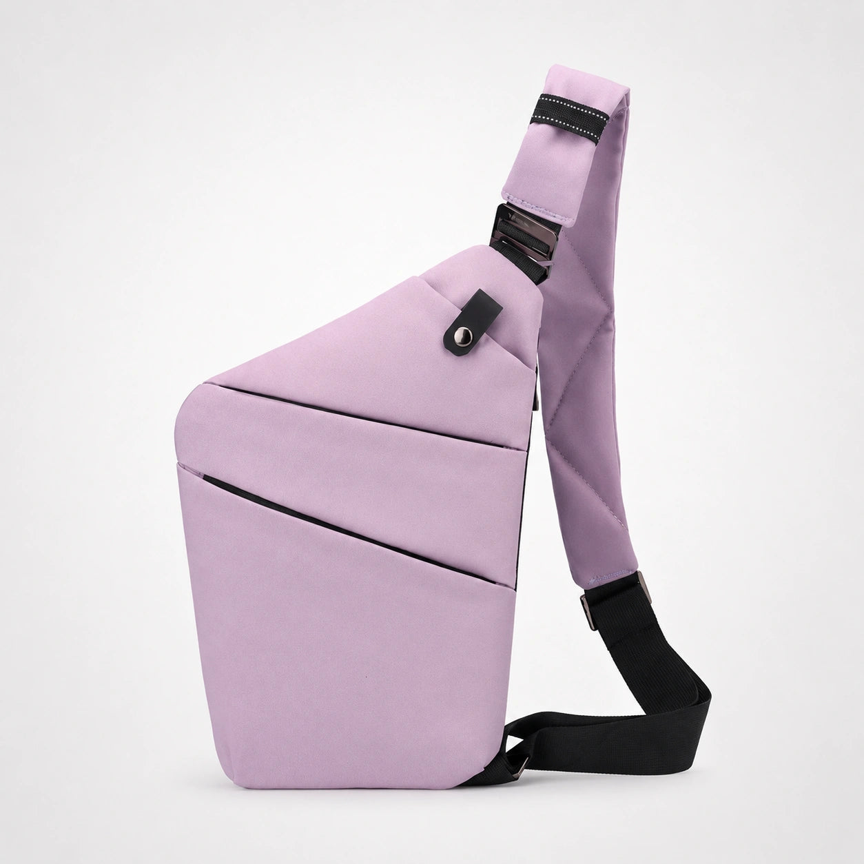 Mochila Slim KÄRN lila en vista lateral, diseño compacto y elegante tipo bandolera