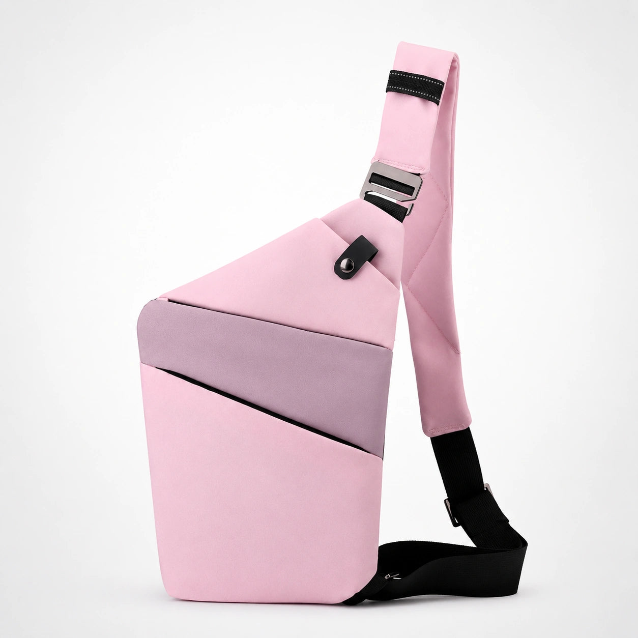 Mochila Slim KÄRN rosa en vista lateral, diseño compacto tipo bandolera para uso diario