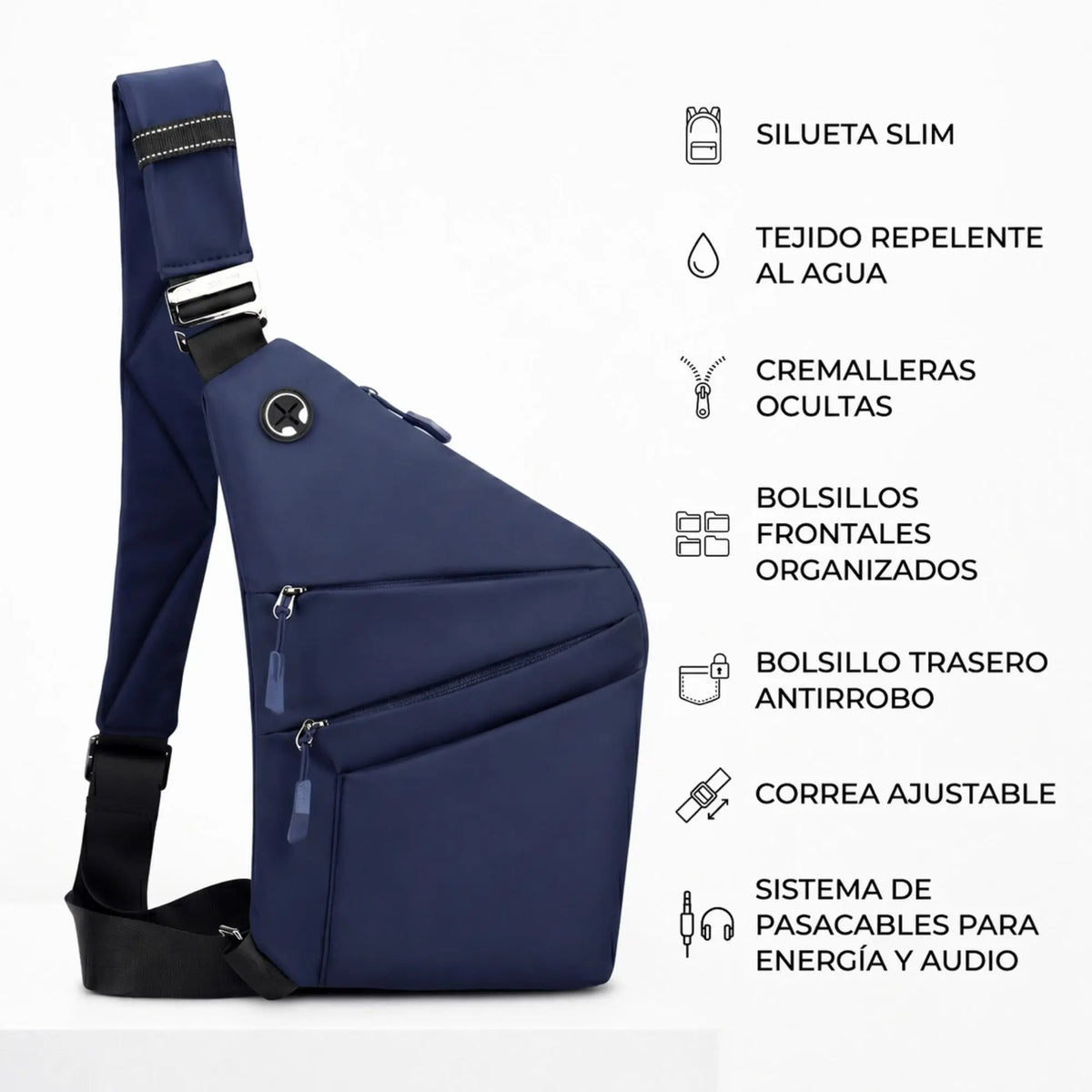 Mochila cruzada antirrobo Smart KÄRN azul con tejido repelente al agua, cremalleras ocultas, bolsillo trasero antirrobo y correa ajustable.