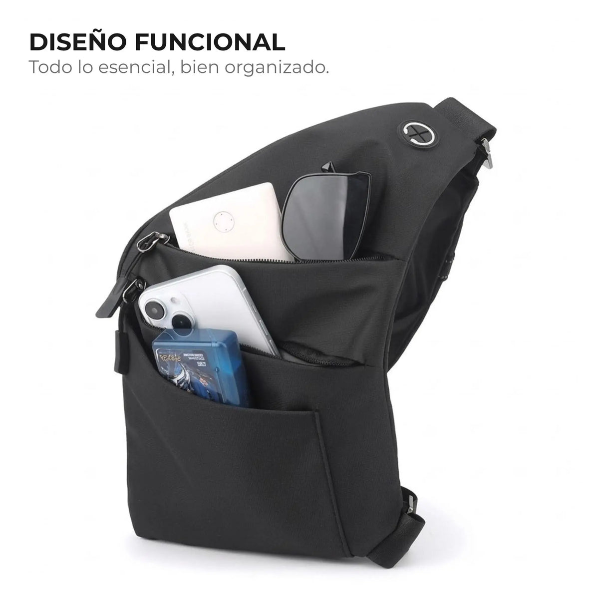 Mochila cruzada antirrobo Smart KÄRN negra con bolsillos frontales organizados para móvil, gafas, batería externa y accesorios.