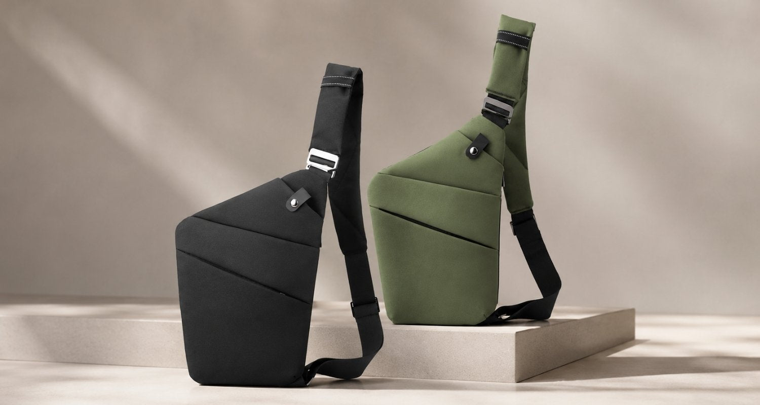 Mochilas cruzadas antirrobo KÄRN en negro y verde sobre fondo editorial premium para la colección últimas unidades.