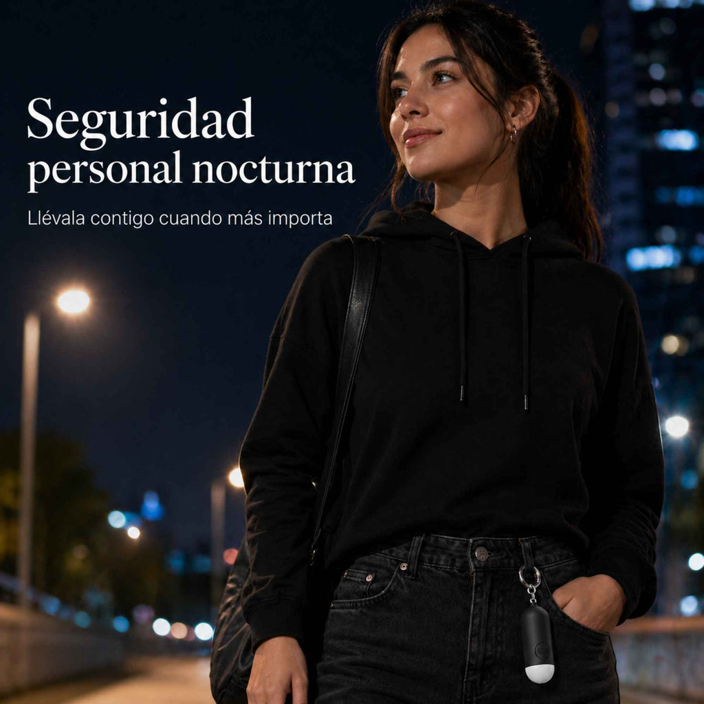Mujer usando alarma personal KÄRN en el pantalón durante la noche en ciudad