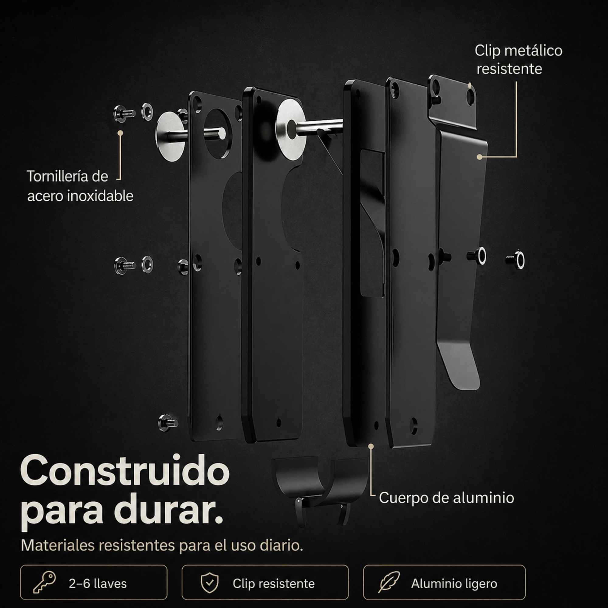 Organizador de llaves KÄRN negro desmontado con cuerpo de aluminio, tornillería de acero y clip metálico resistente