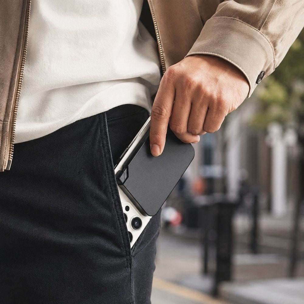 Persona guardando un iPhone con tarjetero MagSafe KÄRN en el bolsillo durante el día a día urbano.