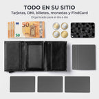 Tarjetero RFID Slim KÄRN con billetes, monedas, tarjetas y tarjeta localizadora FindCard organizado para el día a día