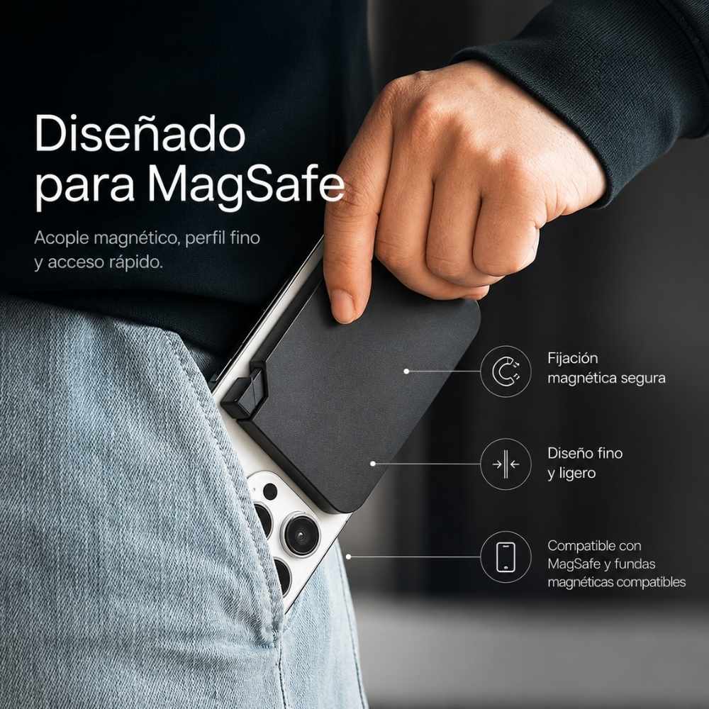 Tarjetero MagSafe KÄRN acoplado a un iPhone, con diseño fino, fijación magnética y acceso rápido en el bolsillo.