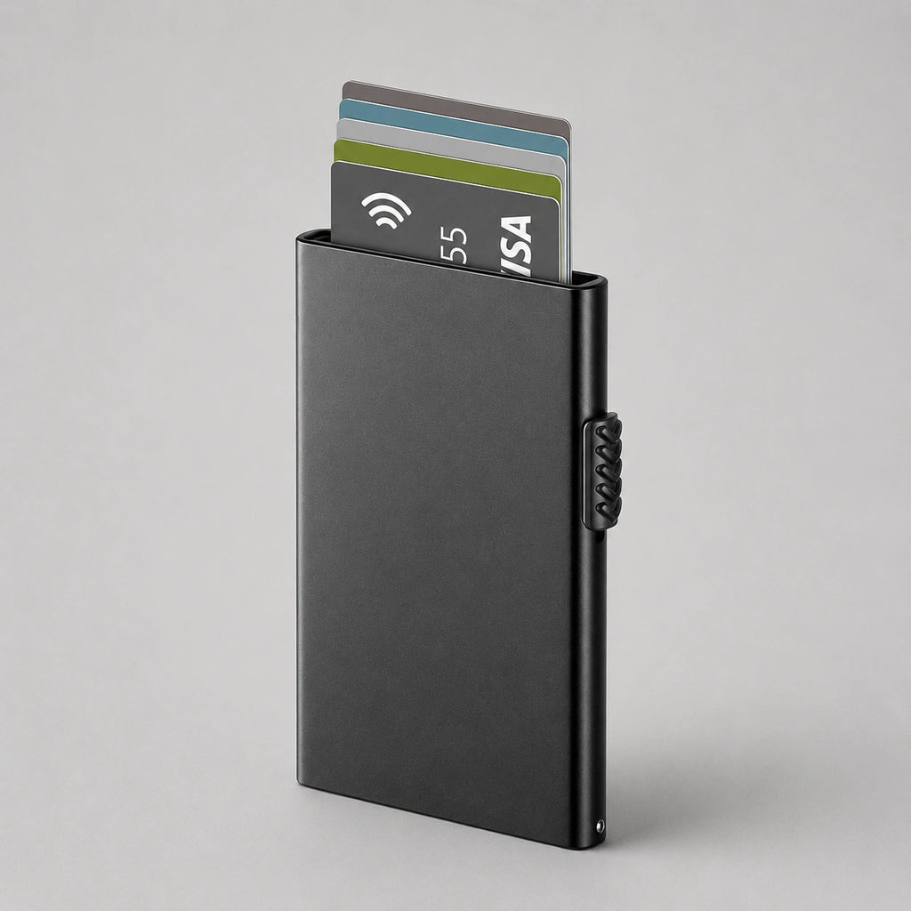 Tarjetero RFID Esencial KÄRN vista frontal aluminio negro