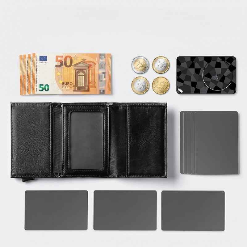 Pack Cartera Localizada KÄRN: tarjetero RFID Slim abierto con tarjetas y la FindCard localizadora dentro