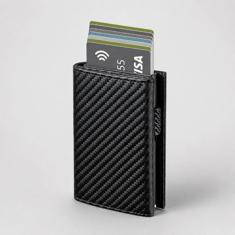 Tarjetero RFID Slim Pro KÄRN carbono con tarjetas, diseño compacto con acabado tipo fibra de carbono