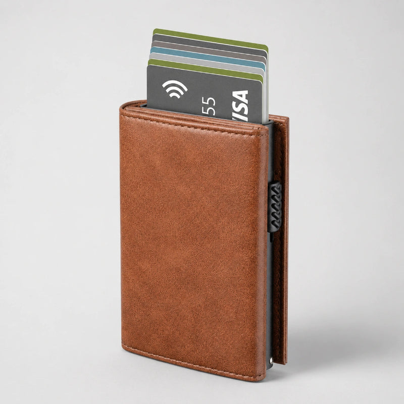 Tarjetero RFID Slim Pro KÄRN marrón con tarjetas, diseño compacto y acabado premium