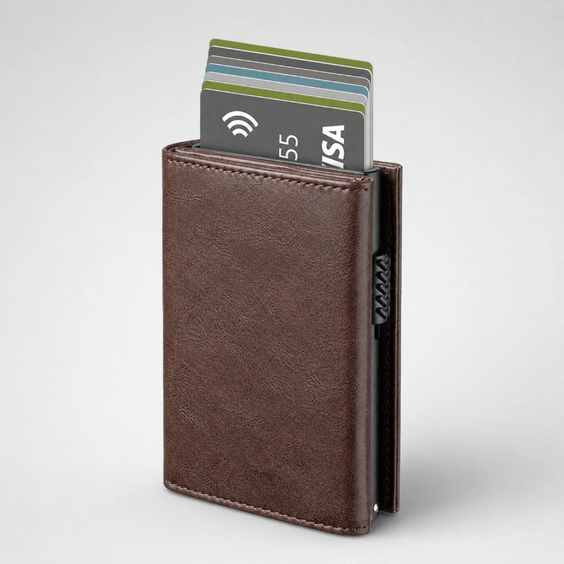 Tarjetero RFID Slim Pro KÄRN marrón espresso con tarjetas, diseño slim y acabado premium
