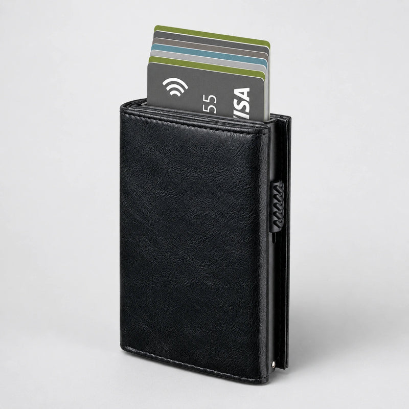 Tarjetero RFID Slim Pro KÄRN negro clásico con tarjetas, diseño compacto para uso diario