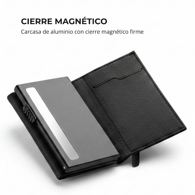 Tarjetero RFID Slim Pro KÄRN negro con carcasa de aluminio y cierre magnético firme
