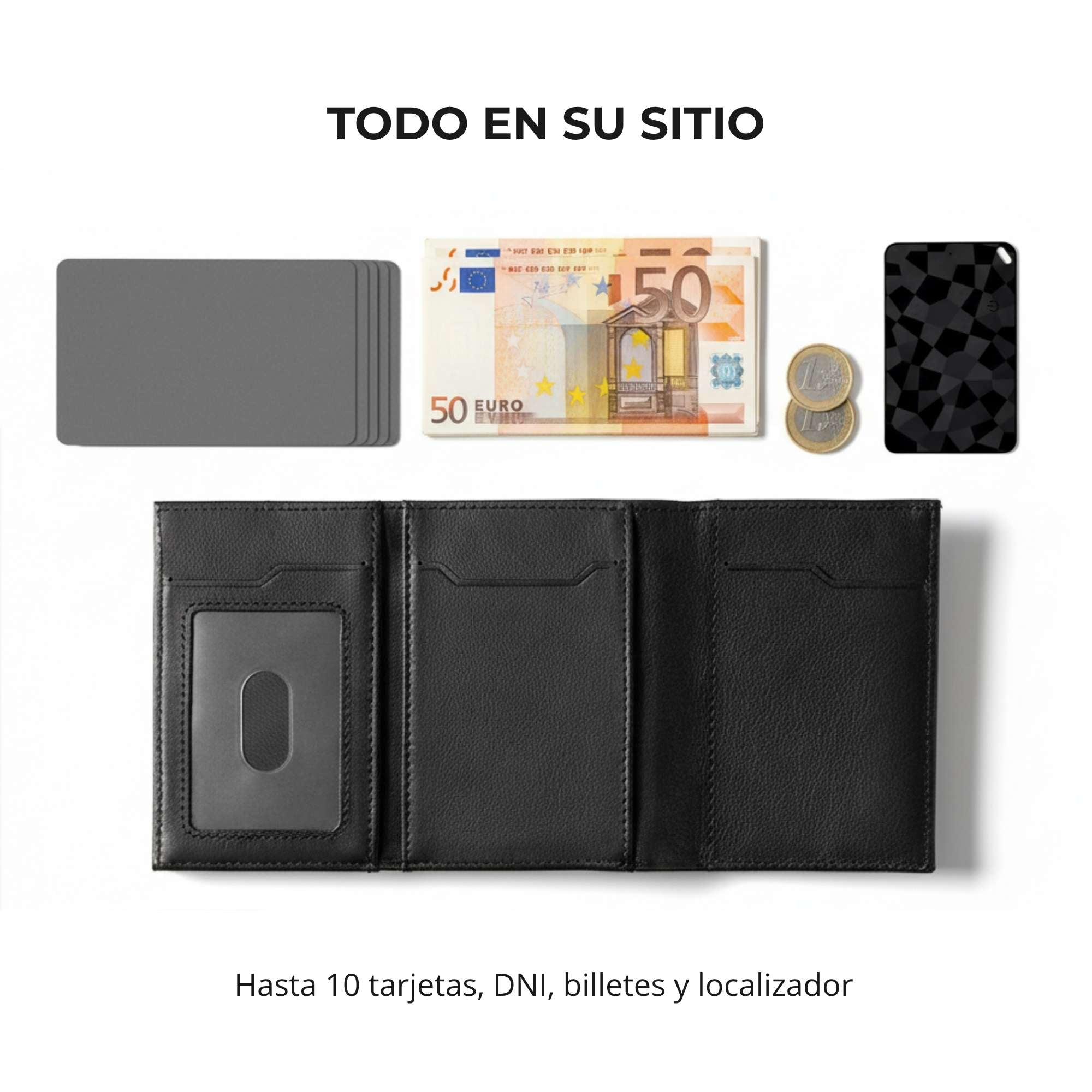 Tarjetero RFID Slim Pro KÄRN negro con tarjetas, billetes, monedas y tarjeta localizadora organizados