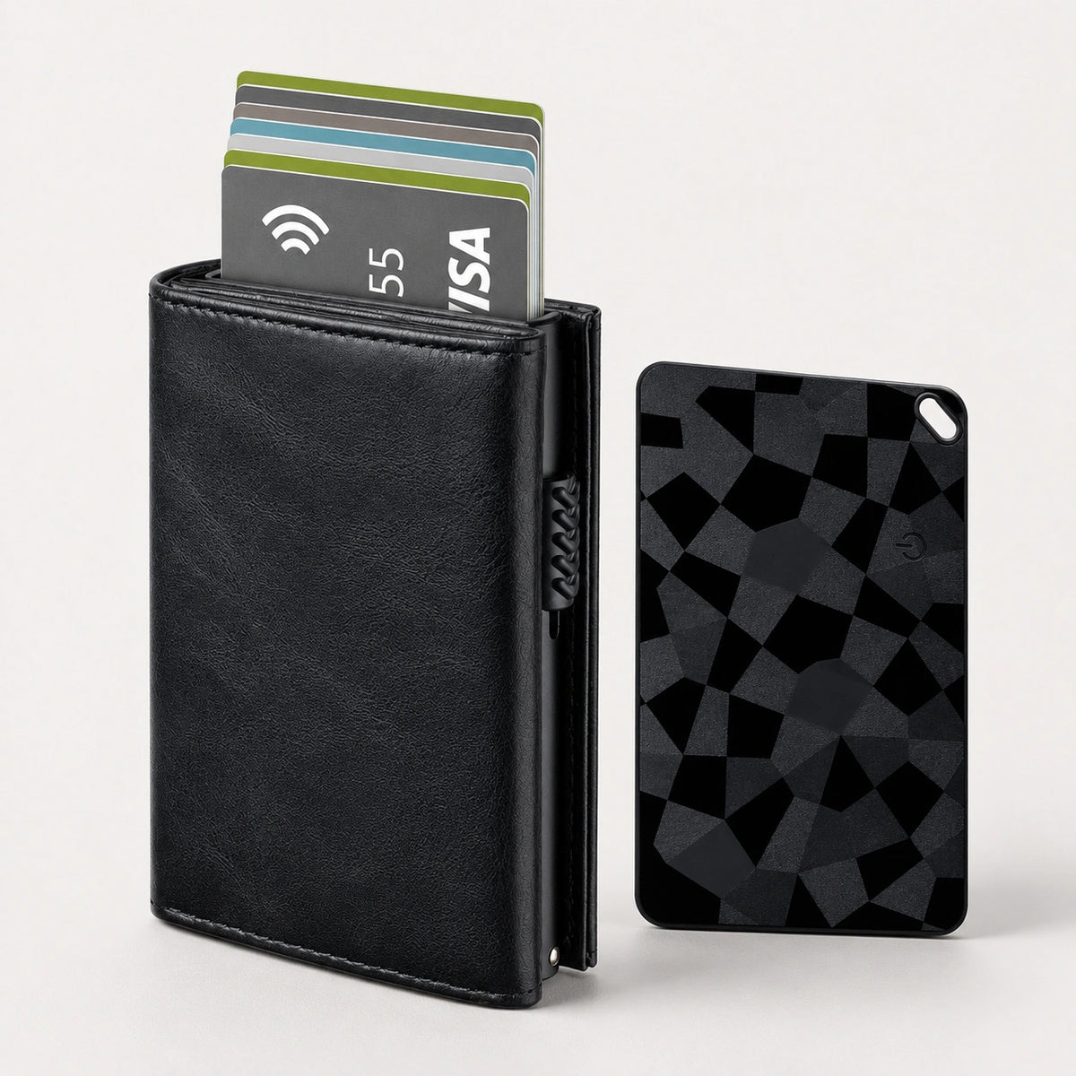 Tarjetero RFID Slim Pro KÄRN negro con tarjetas desplegadas junto a FindCard KÄRN negra 