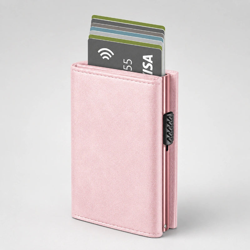 Tarjetero RFID Slim Pro KÄRN rosa con tarjetas, diseño compacto y acabado elegante