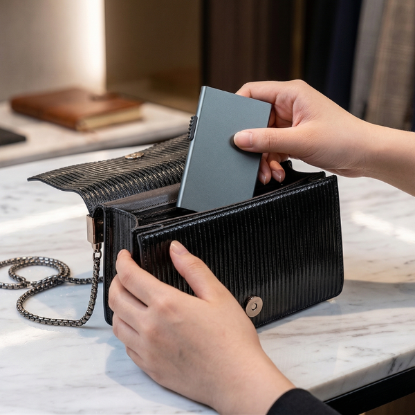 Tarjetero RFID de aluminio KÄRN en bolso de mujer compacto, seguro y siempre a mano.