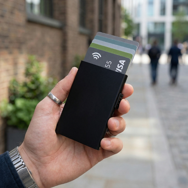 Tarjetero RFID Esencial KÄRN en mano vista frontal negro
