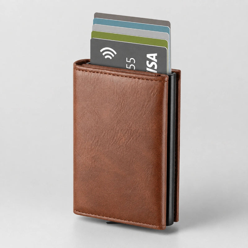 Tarjetero RFID magnético KÄRN marrón con tarjetas, acabado efecto cuero y formato slim