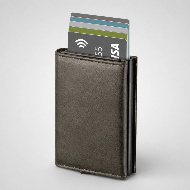 Tarjetero RFID magnético KÄRN marrón espresso con tarjetas, diseño compacto y acabado premium