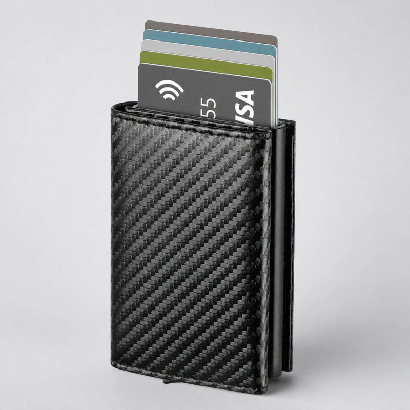 Tarjetero RFID magnético KÄRN negro con acabado carbono y tarjetas visibles