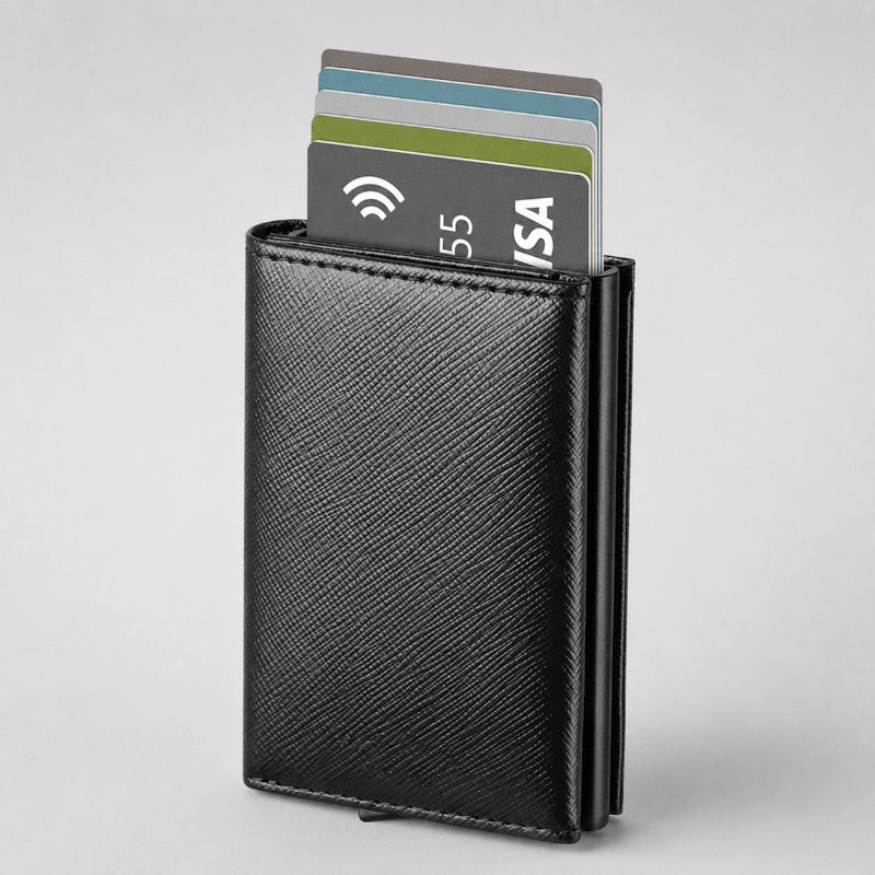 Tarjetero RFID magnético KÄRN negro cruz con tarjetas, acabado texturizado y diseño compacto