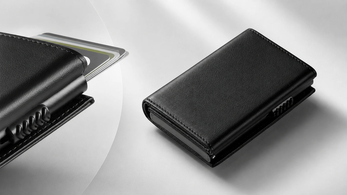 Tarjetero Slim Pro KÄRN negro con acabado en piel, diseño compacto y mecanismo lateral para acceso rápido a tarjetas sobre fondo minimalista gris.