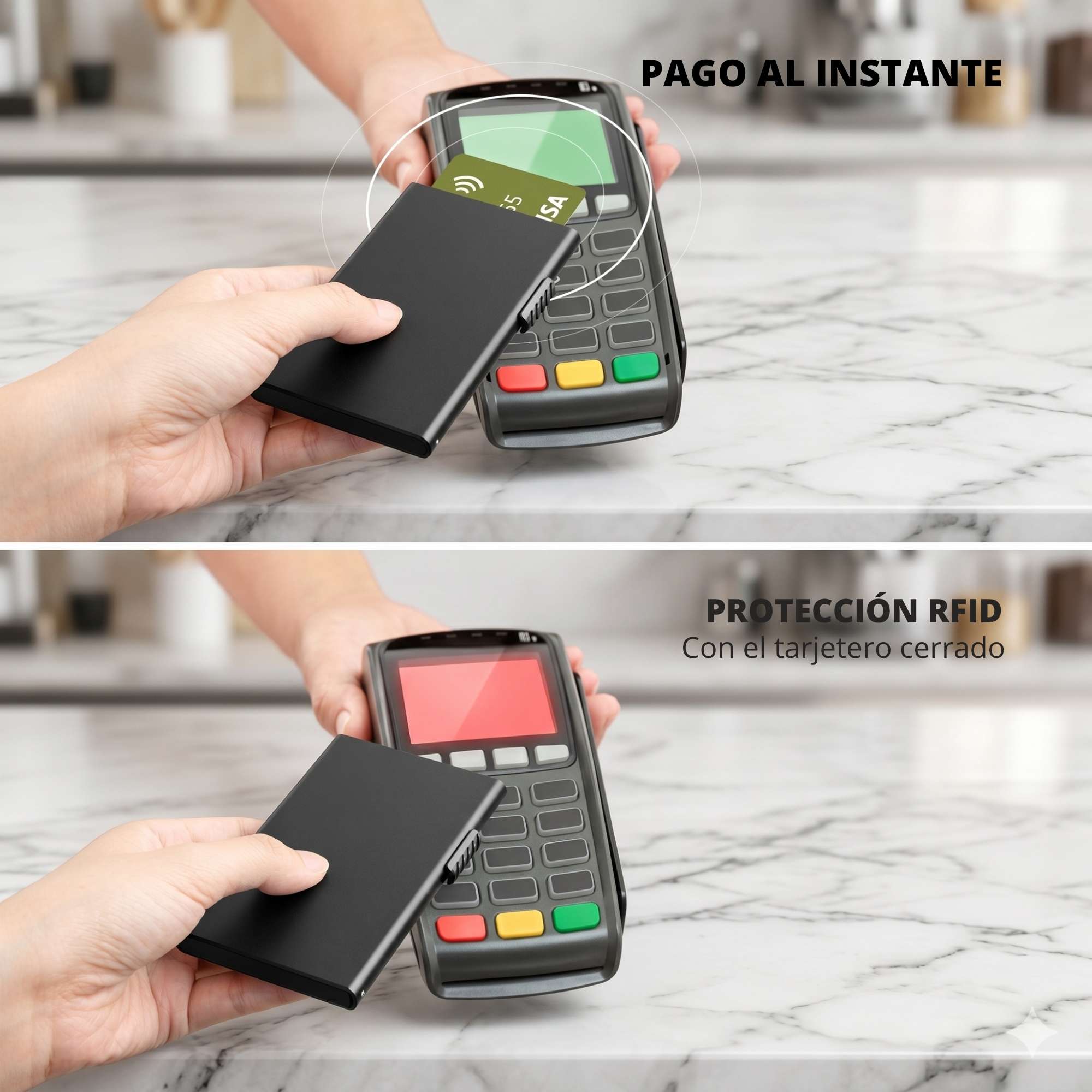 Tarjetero bloqueando señal RFID frente a datáfono