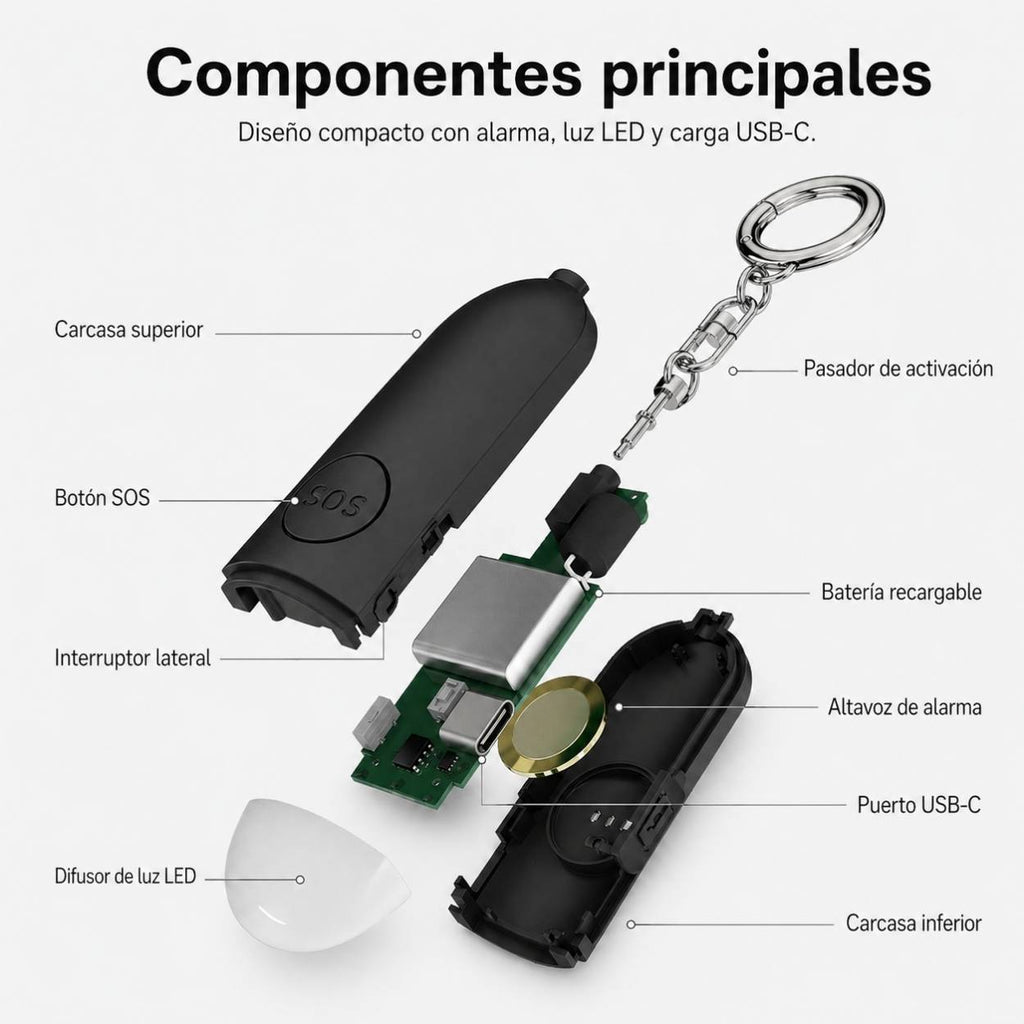 Vista interna de alarma personal KÄRN con botón SOS, luz LED, carga USB-C y alarma integrada